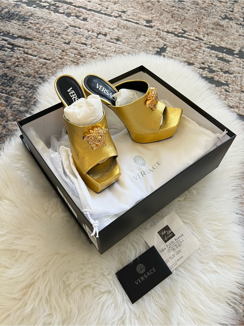 Versace Metallic Gold Leather Platform Slide Sandals with Medusa Detail
